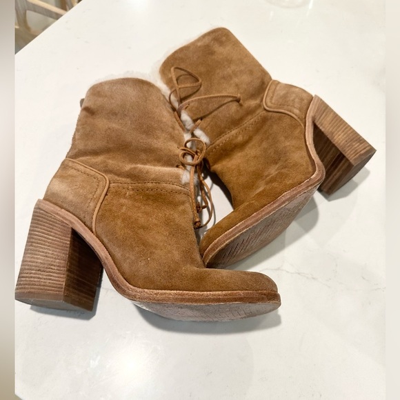 UGG Jerene Shearling Suede tan heeled tie up Boots 7 - Picture 8 of 10